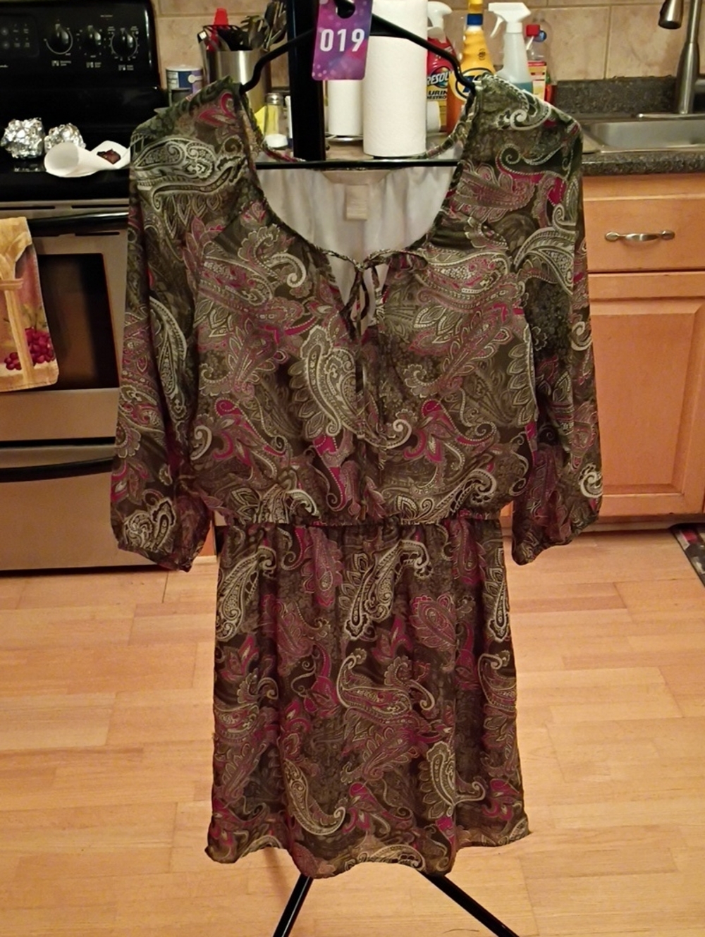 Banana Republic Olive Paisley Mini Dress with Pink Accents and Taupe Detail